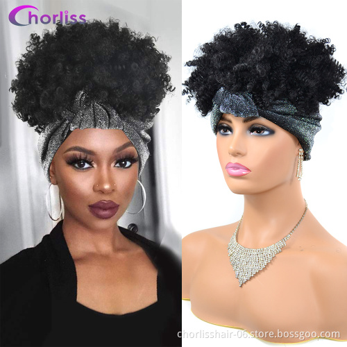 Wholesale ombre  Headbands Black long  Afro Wig Synthetic Wigs African Kinky Curly Box Wrap Puff Turban wigs For women